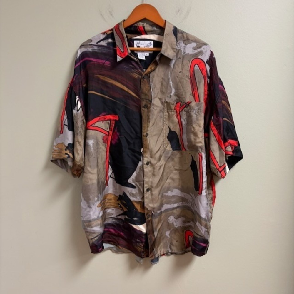 Vintage Goouch Men's 100% Silk Abstract Print Button Up Shirt Multicolor XL